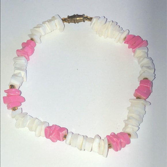 Vintage Jewelry - Vintage Boho Pink & White Puka Shell Chips Beaded Ankle Bracelet
